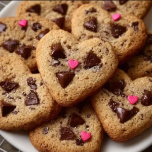 Heart shaped chocolate chip cookies arranged on a plate