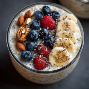 Bowl of high protein overnight oats topped with fruits and nuts