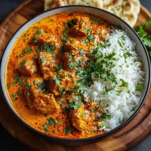 Bowl of homemade butter chicken with spices and herbs