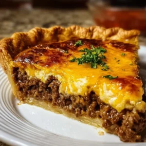 Homemade cheeseburger pie served on a plate with toppings