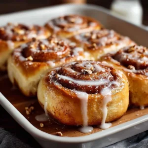 Homemade cinnamon rolls prepared with icing and cinnamon sugar