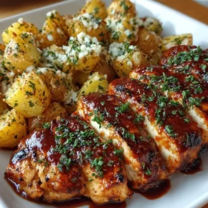Honey BBQ Chicken with Garlic Parmesan Potatoes on a plate ready to serve