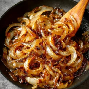 A beautifully caramelized onion in a skillet, showcasing golden brown color.