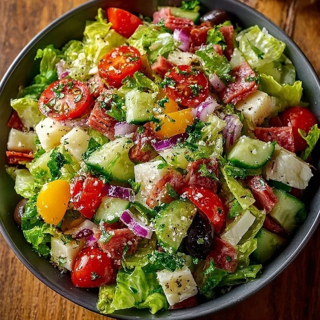 Colorful Italian Chopped Salad with fresh vegetables and dressing
