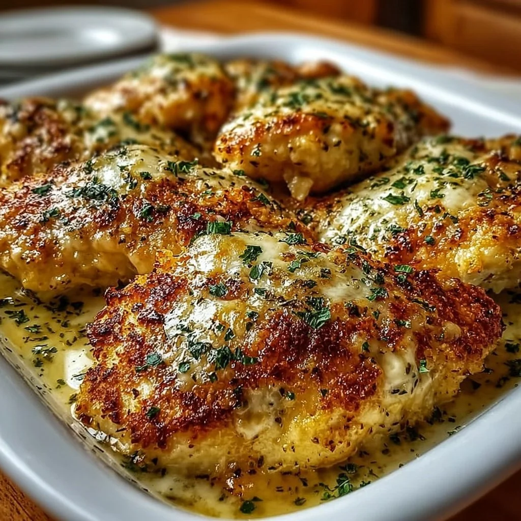 Delicious Keto Garlic Parmesan Chicken served on a plate with herbs