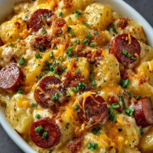 Cheesy Kielbasa Casserole with potatoes in a baking dish