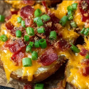 Delicious loaded baked potato slices topped with cheese, bacon, and chives.