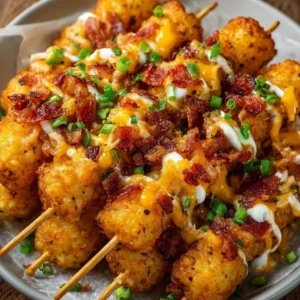Loaded Tater Tot Skewers with melty cheese and fresh toppings