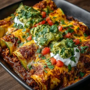 Plate of low-carb zucchini enchiladas drizzled with sauce and topped with cilantro