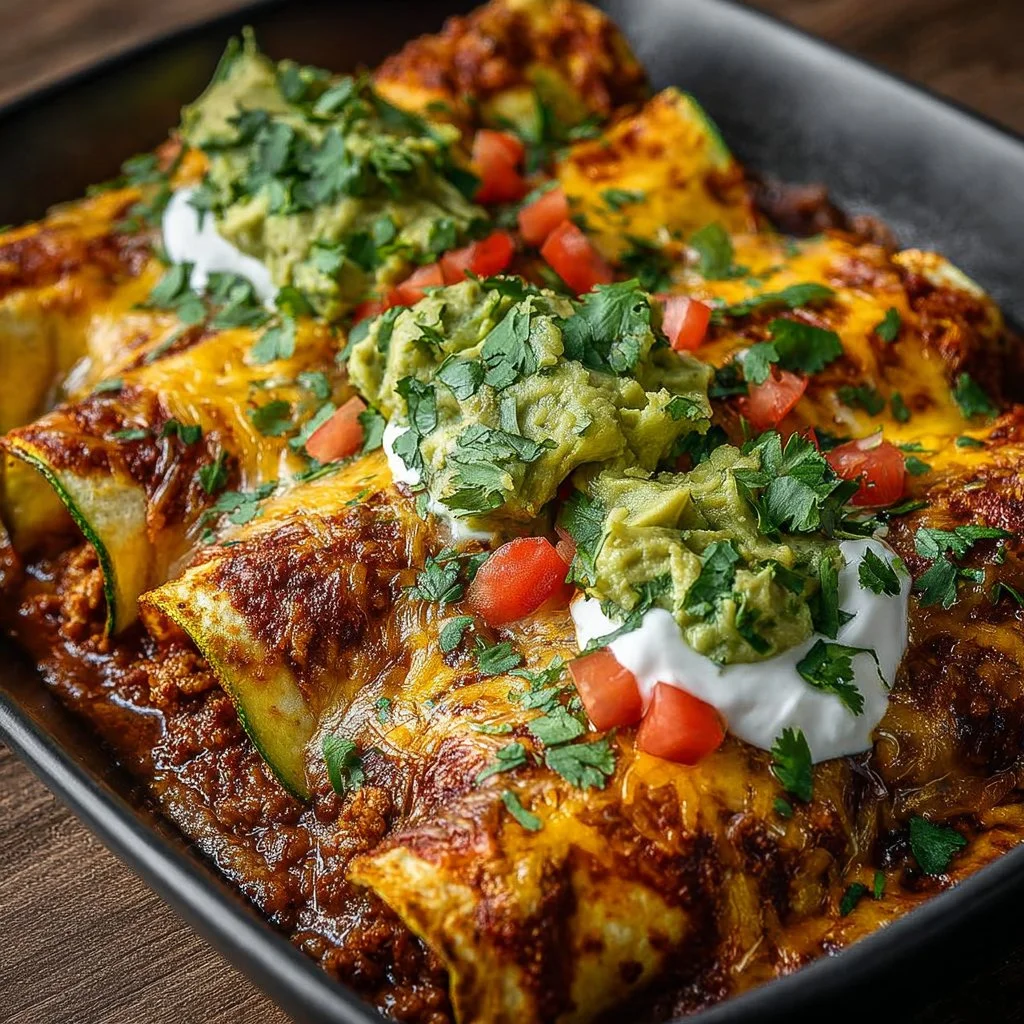 Plate of low-carb zucchini enchiladas drizzled with sauce and topped with cilantro