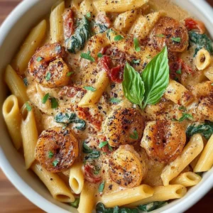 Plate of Marry Me Shrimp Pasta with garlic, herbs, and creamy sauce