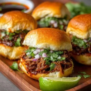 Delicious Mexican birria sliders served on a plate with toppings