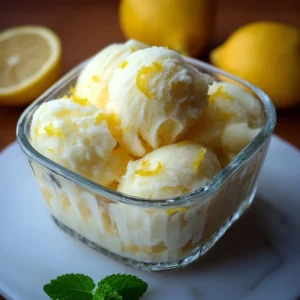Delicious homemade Meyer Lemon Sorbet in a bowl with fresh lemons