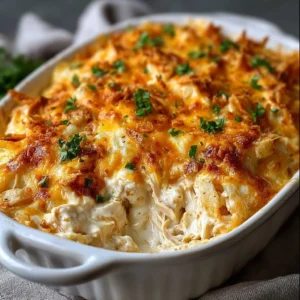 Delicious million dollar chicken casserole dish served in a baking dish