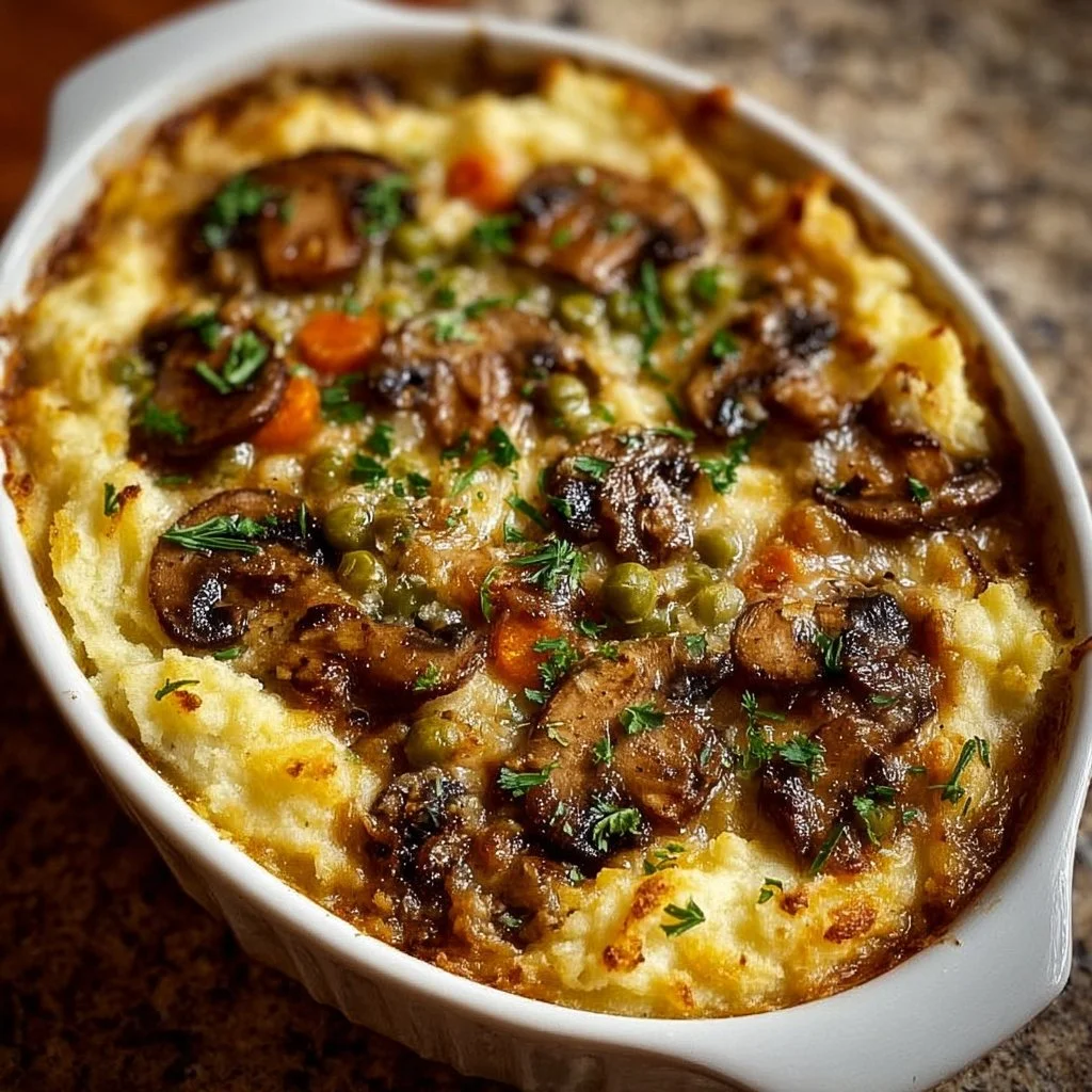 Delicious Mushroom Shepherd's Pie served with a golden crust and vegetables