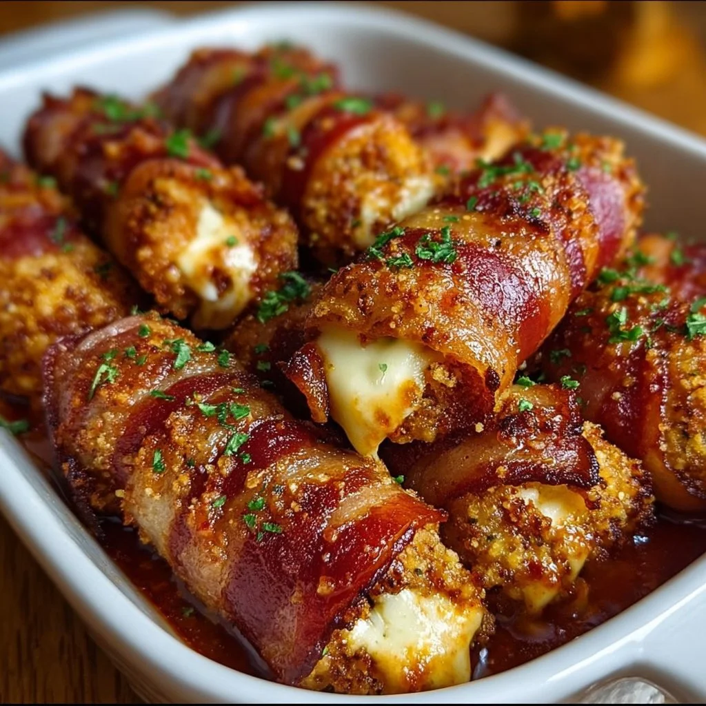 Nashville Hot Bacon Wrapped Mozzarella Sticks served with dipping sauce