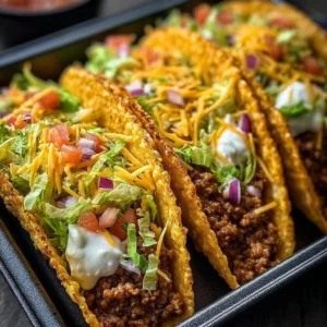 Oven-baked cheesy tacos loaded with cheese and toppings