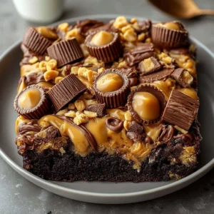 Delicious Peanut Butter Cup Dump Cake topped with chocolate and peanut butter cups