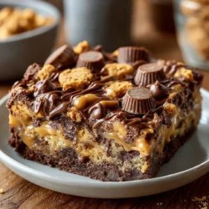Decadent Peanut Butter Cup Dump Cake topped with peanut butter cups and chocolate drizzle