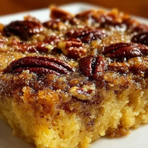 Pecan pie dump cake served on a plate, featuring rich pecan flavors and a golden crust.
