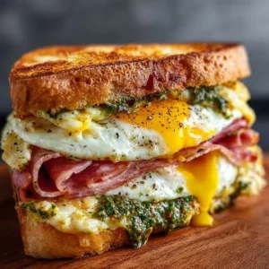 Pesto eggs and mortadella sandwich served on a rustic wooden board