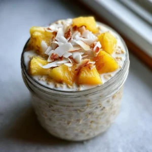 Pineapple coconut overnight oats in a bowl, garnished with fresh pineapple pieces.