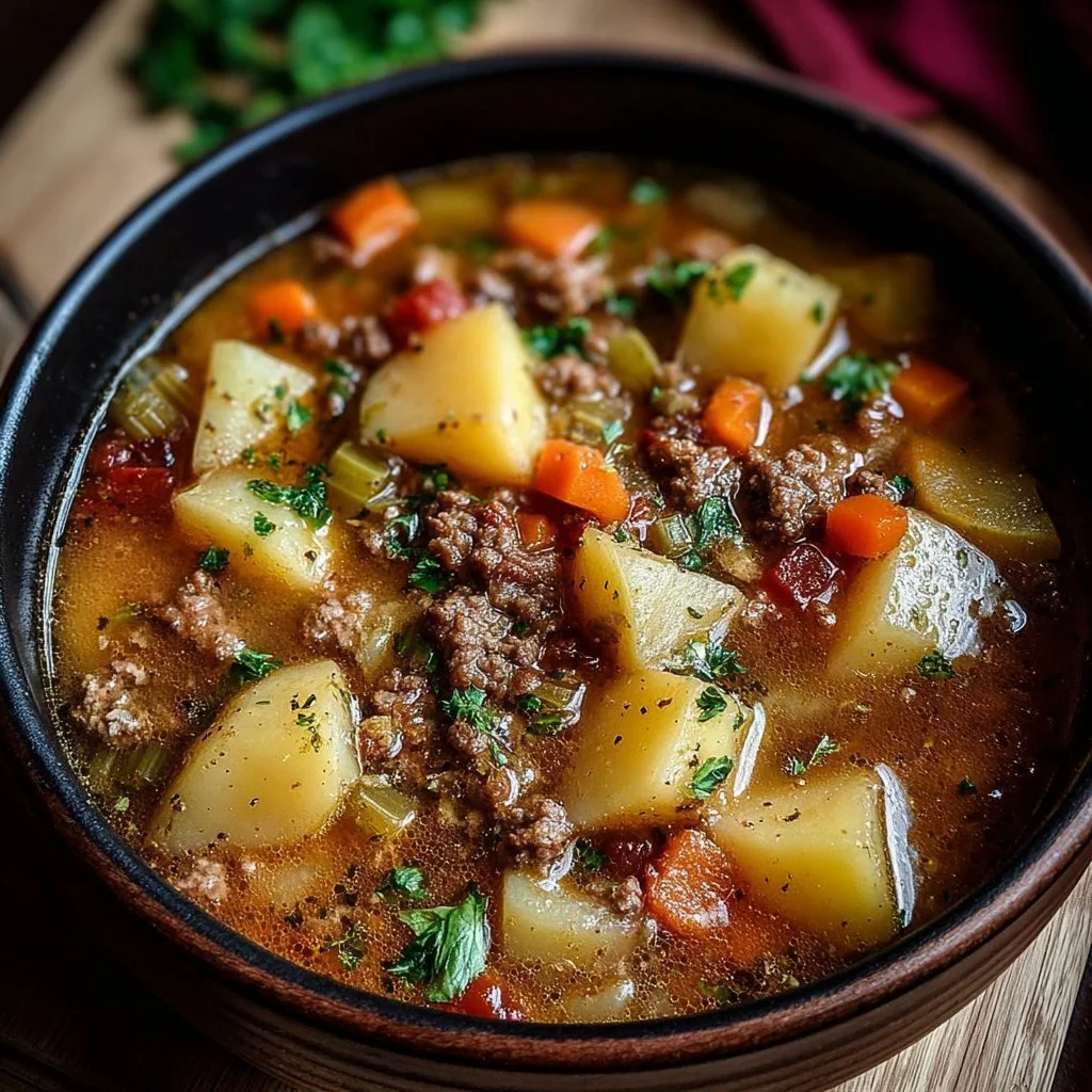 Bowl of hearty potato hamburger soup garnished with parsley