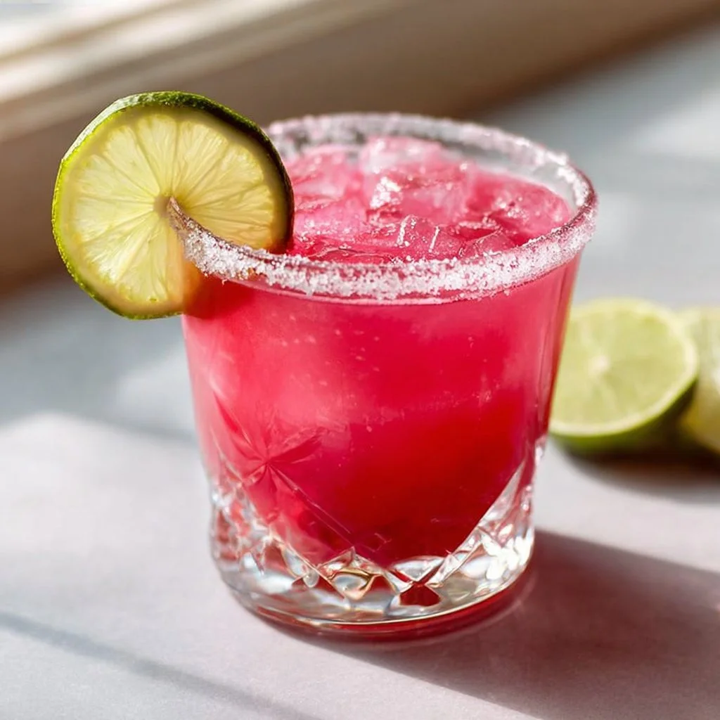 A colorful Prickly Pear Margarita served with a lime wedge and salt rim on a bar countertop.