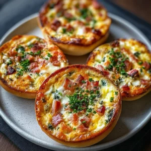 Close-up of quiche stuffed bagels with a golden crust and creamy filling