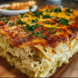 Quick and Easy Green Chile Chicken Enchilada Casserole topped with cheese and green chiles.