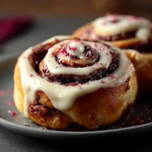 Red Velvet Cinnamon Rolls topped with cream cheese frosting