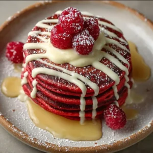 Plate of fluffy Red Velvet Pancakes topped with cream cheese frosting and berries
