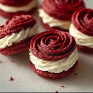 Red Velvet Rose Sandwich Cookies with cream cheese filling on a platter