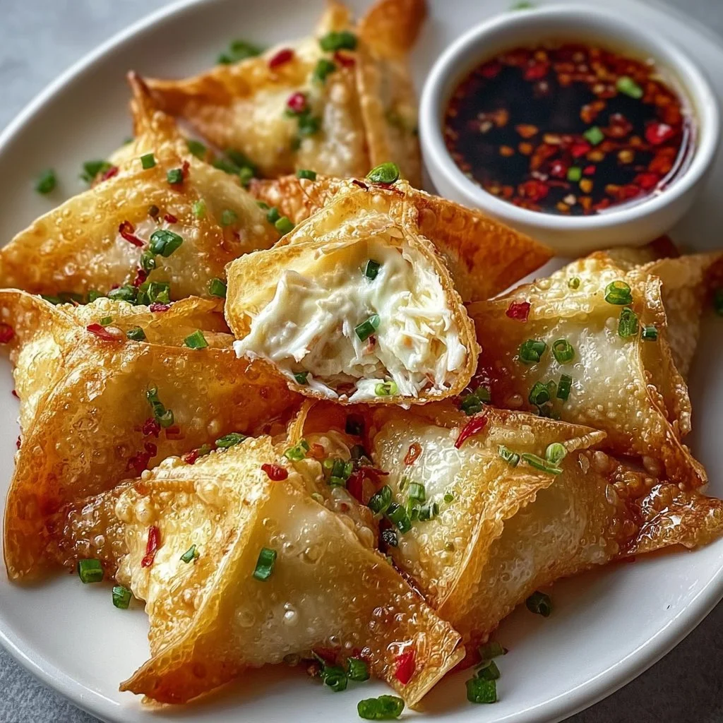 Rice Paper Crab Rangoons served with dipping sauce on a plate