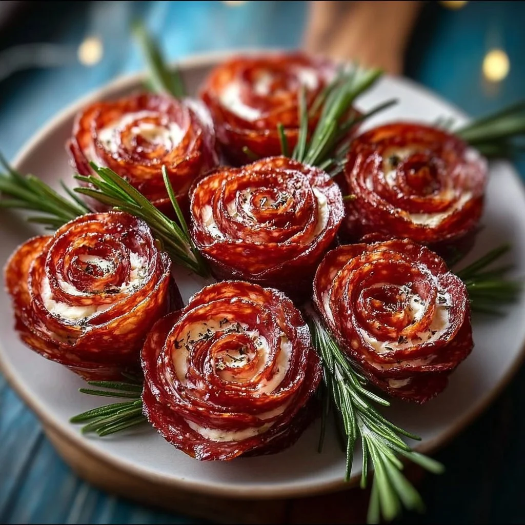 Beautifully arranged salami roses on a serving platter