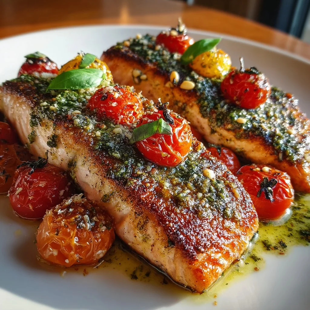 Salmon with Pesto and Blistered Tomatoes