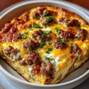 Sausage and Egg Casserole baked with cheese and vegetables