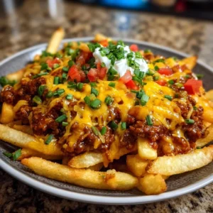 Delicious semi homemade chili cheese fries topped with melted cheese and chili