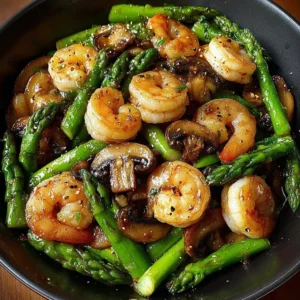 Shrimp stir-fry with asparagus and mushrooms served in a vibrant dish
