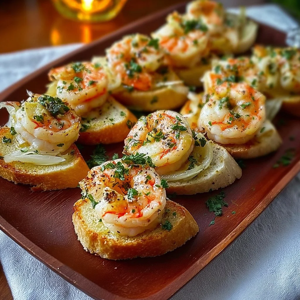 Shrimp Fennel Bruschetta served on a rustic platter with fresh herbs