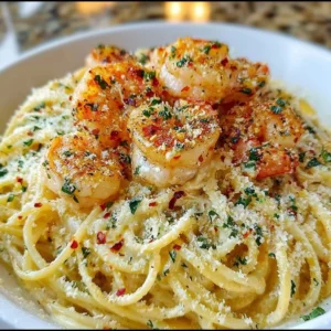 Shrimp scampi garlic cream pasta dish with herbs and spaghetti