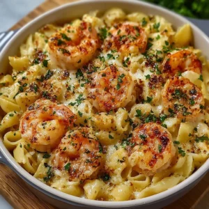 Shrimp Scampi Pasta Bake topped with cheese and herbs in a baking dish.