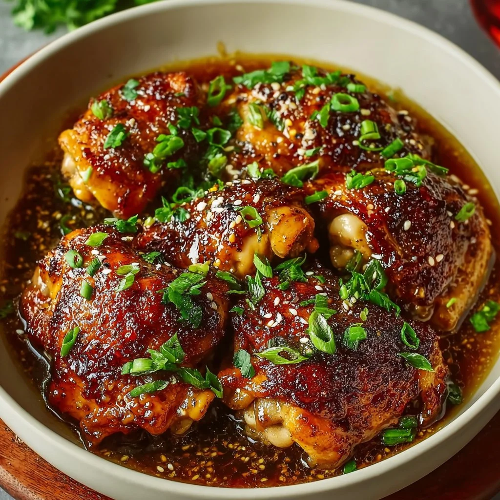 Delicious slow cooker honey garlic chicken garnished with green onions.