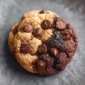 Delicious soft and chewy brookie cookies stacked on a plate.