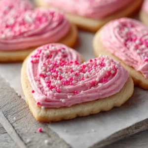 Soft Valentine's sugar cookies decorated with pink buttercream frosting