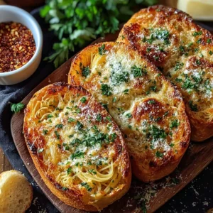Delicious spaghetti garlic bread served on a wooden plate