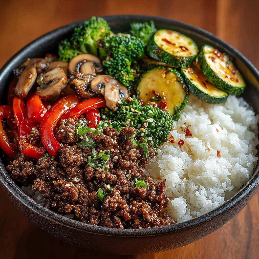 Spicy Ground Beef Stir-Fry Bowl with Garlic Veggies & Steamy Rice