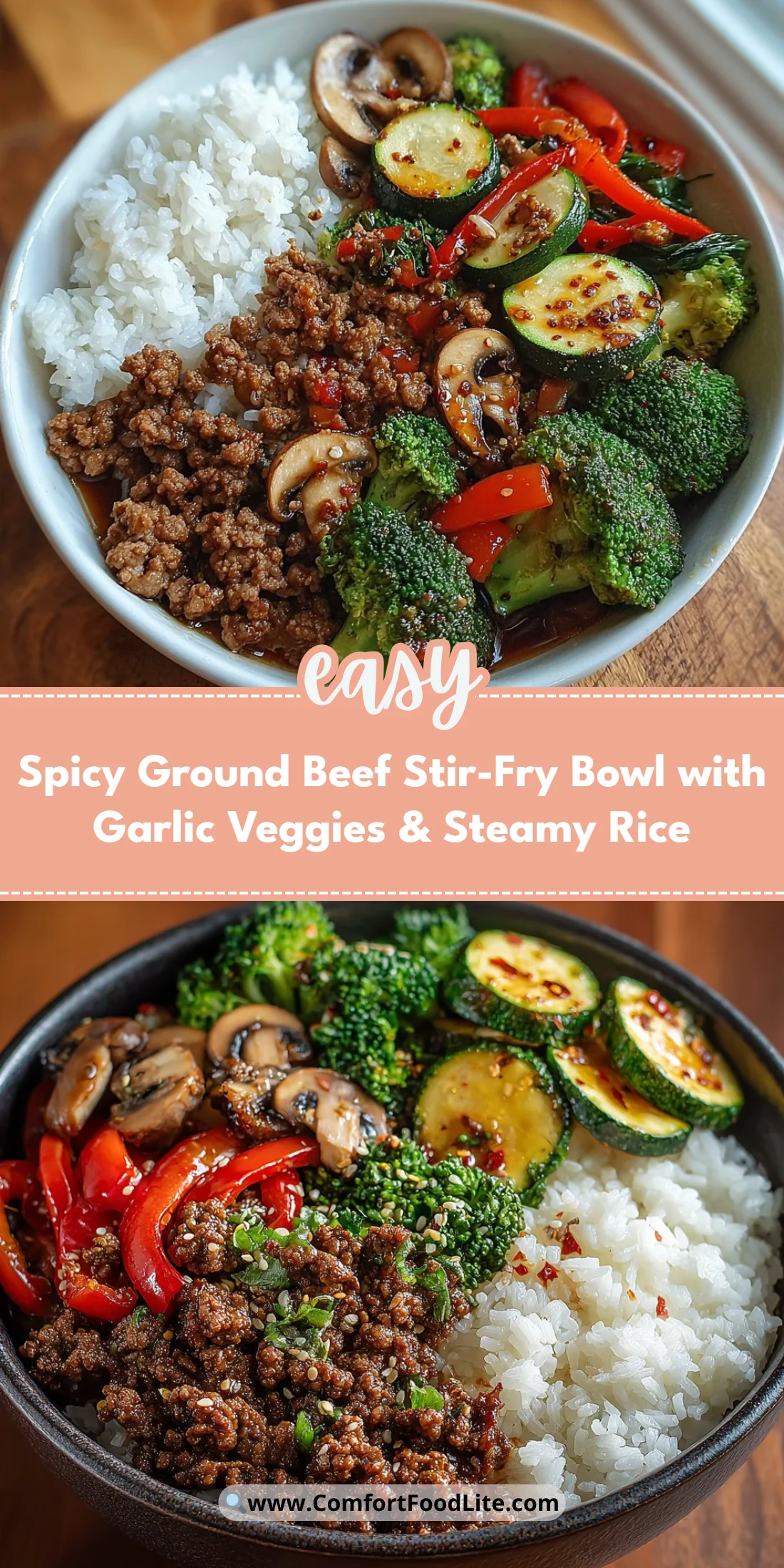 Spicy Ground Beef Stir-Fry Bowl with Garlic Veggies & Steamy Rice
