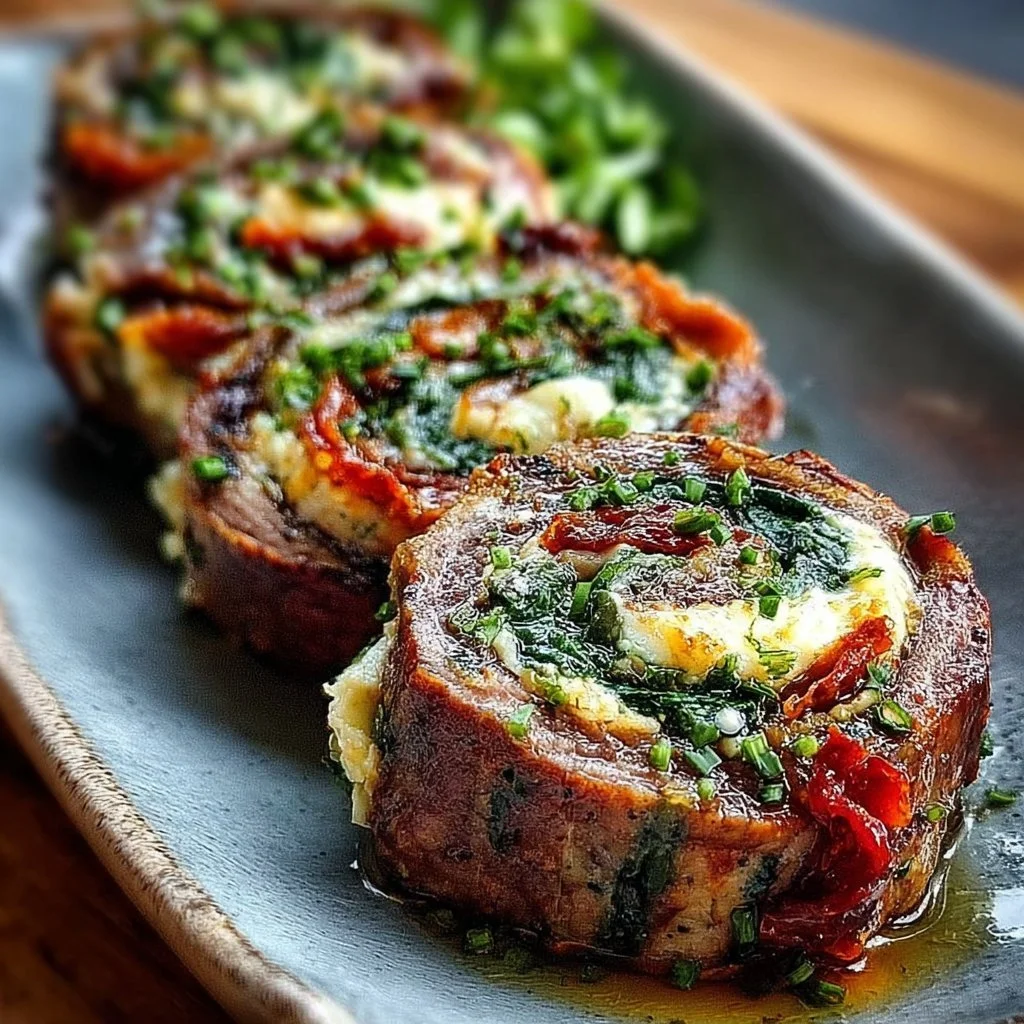 Delicious Steak Pinwheels filled with herbs and spices, perfect for dinner.