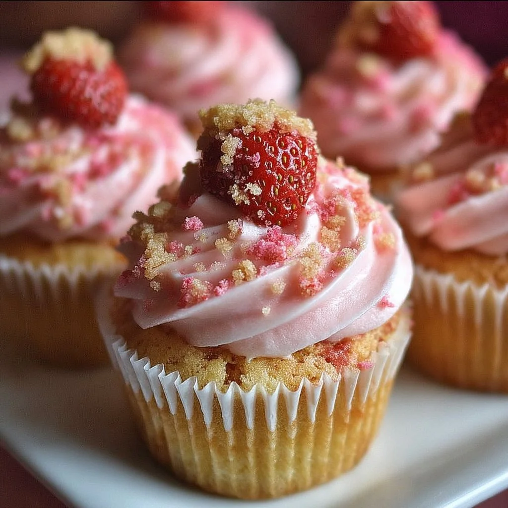 Strawberry crunch cupcakes with strawberry frosting and crunchy topping